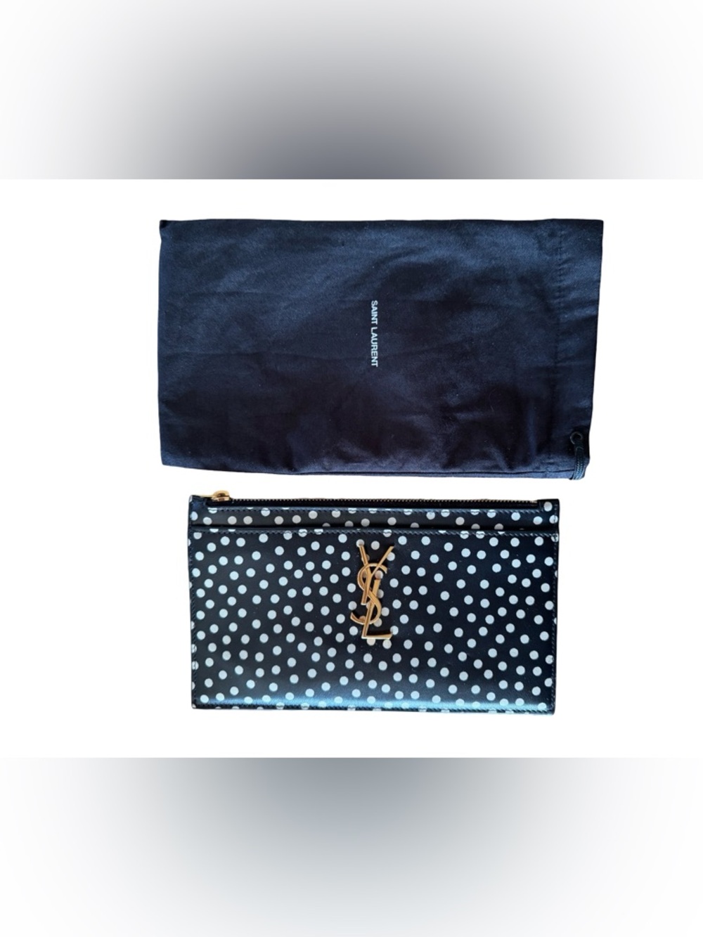 Authentic Saint Laurent Black Polka Dot YSL clutch with Gold Logo. Rare! - Picture 6 of 9